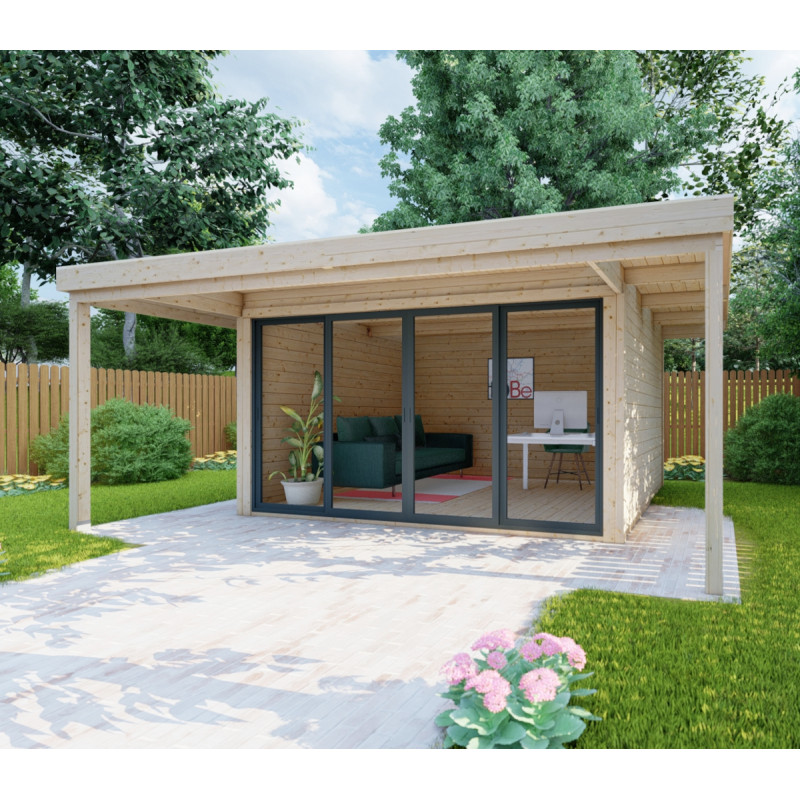 Bureau de jardin en bois massif avec terrasse 16,5m² – madriers 40mm Gardy Shelter – Image 7