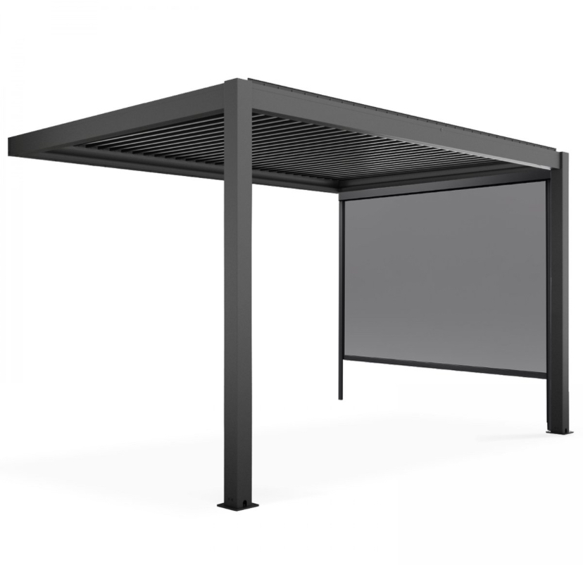 Pergola bioclimatique adossée 4x3m en aluminium blanc avec 1, 2 ou 3 stores, OIA