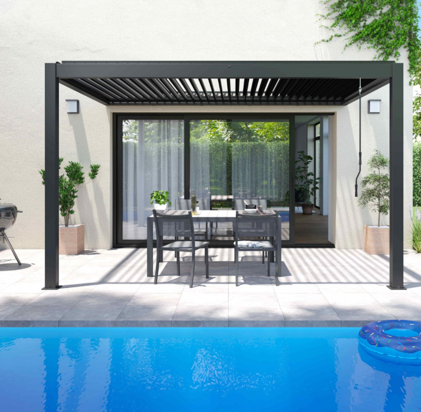 Pergola bioclimatique adossée 4x3m en aluminium blanc avec 1, 2 ou 3 stores, OIA – Image 2