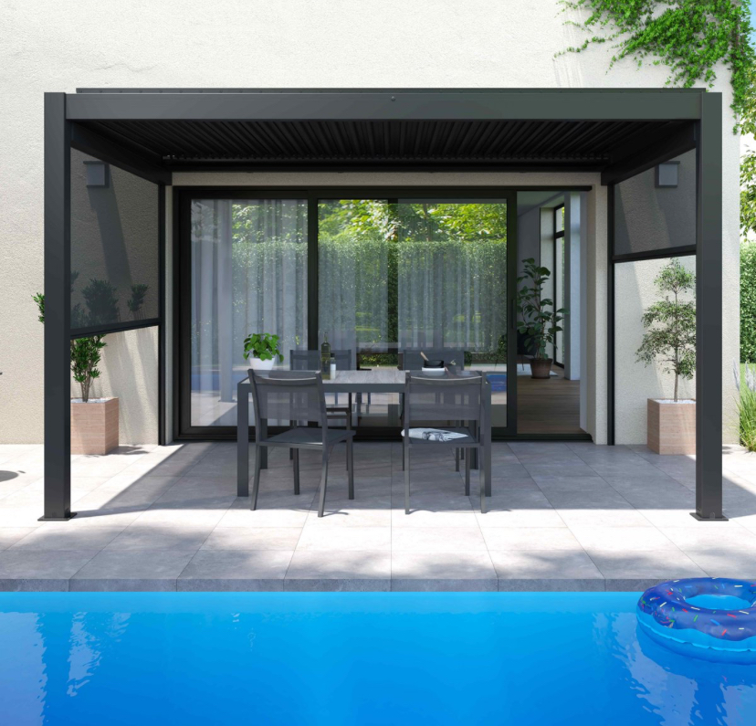 Pergola bioclimatique adossée 4x3m en aluminium blanc avec 1, 2 ou 3 stores, OIA – Image 3
